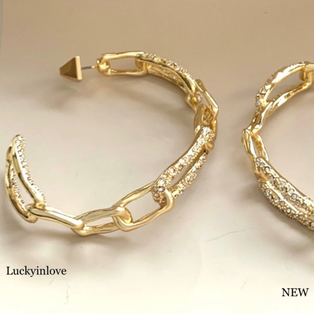 Alexis Bittar XL Golden Crystal Encrusted Textured Chain Link Hoop Post Earrings - Picture 3 of 16